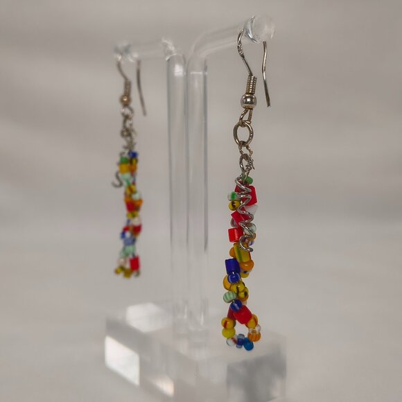 Multi-Colour Seed Bead Dangle Earrings 925 Hooks - Picture 2 of 8